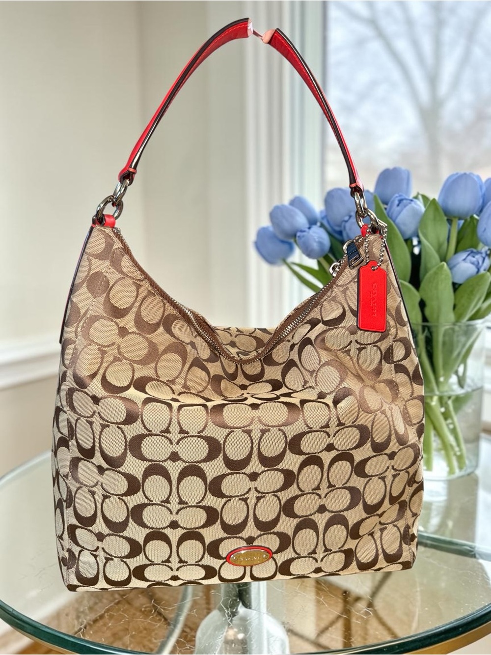 Coach Brown Signature Canvas Hobo with Red Leather Handle and Tag